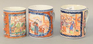 Three Chinese Export Mugs, two with dragon handles, having painted scholars, (one handle broken but available). 
heights 5 and 5 1/4...