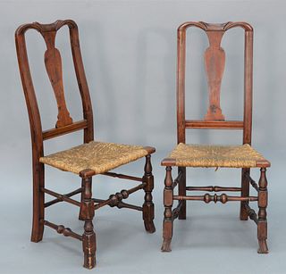 Pair of Queen Anne Side Chairs with rush seats on, bold turned stretchers and Spanish feet.
height 40 1/2 inches.