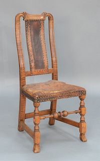 Queen Anne Maple and Tiger Maple Side Chair having carved yoke over double central supports with leather covering over leather uphol...