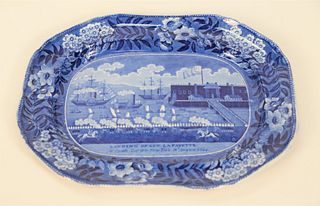 Historical Blue Staffordshire Platter 'Landing of Gen. LaFayette at Castle Garden New York, 16th August 1824' impressed Clews stamp ...