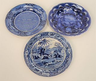 Group of Three Historical Blue Staffordshire Plates, to include The Grand Erie Canal, New York, inscription plate; Clews States plat...