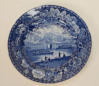 Historical Blue Staffordshire Plate "ENTRANCE OF THE ERIE CANAL INTO THE HUDSON AT ALBANY", 19th century.
diameter 10 inches. 
Prove...