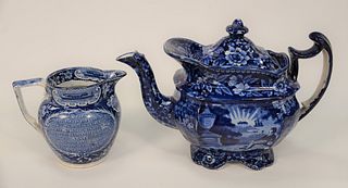 Two Historical Blue and White Transfer Decorated Staffordshire Pieces, to include teapot depicting Lafayette at Franklin's Tomb with...
