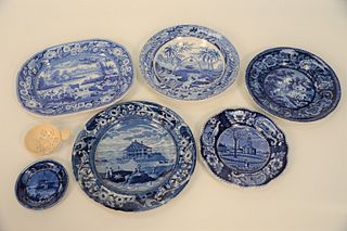 Six Historical Blue Staffordshire pieces, along with a Enoch Wood & Sons cup plate, diameter 2 1/2 inches, depicting Castle Garden B...