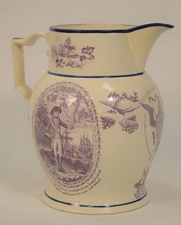 Liverpool Transferware Staffordshire Pitcher in lavender transfer with medium blue highlights, (repaired).
height 10 1/2 inches.
Lit...