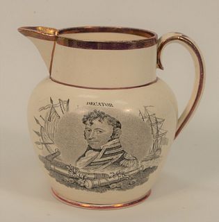 War 1812 Strawberry Lusterware Naval Pitcher, "Lawrence" and "Decatur" decoration.
height 4 1/2 inches.
Provenance: From the Lance &...