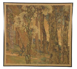 Kakuyu Shoda (1879 - 1947), two part Asian screen "Autumn" grove, watercolor on silk, circa 1900, depicting forest with pond, signed...