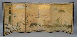 Six Panel Japanese Paper Screen depicting ponds edge with ducks and birds, ink color and gold leaf on paper. height 35 1/2 inches,