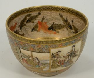 Satsuma Bowl, Kinkozan with scenes of dignitaries and court ladies in four panels, bottom interior with landscape and Royal figures ...