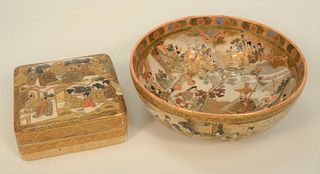 Two Satsuma Pieces to include a covered box, gilt decorated, painted scholars and geisha figures, signed on bottom, top 3 1/2" x 3 1...