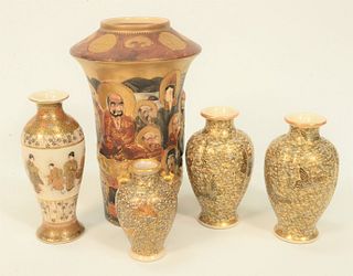Five Japanese Satsuma Vases to include three small vases having painted butterflies and gilt decoration; scholar vase having painted...