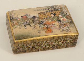 Meiji Kinkozan Satsuma Box, cover with court ladies and children bordered by intricate T-fret and Greek key design, interior with te...