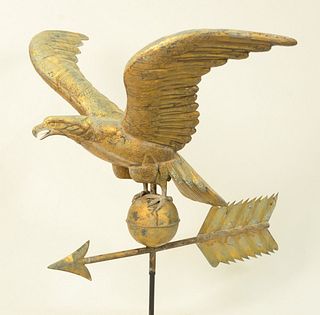 Eagle Full Body Copper Weathervane with spread wings set on ball over arrow, overall gilt with some verdigris surface.
height 28 inc...