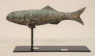 Fish Copper Full Body Weathervane with verdigris surface and faint gilt, on stand. 
height 9 1/4 inches, length 18 1/2 inches. 
Prov...