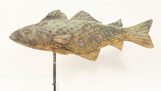 Fish Copper Full Bodied Weathervane with verdigris surface with some original gilt, on metal stand.
length 26 inches.
Provenance: Fr...