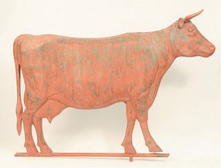 Cow Copper Full Bodied Weathervane with zinc head and horns in old red finish.
height 29 inches, length 40 inches.
Provenance: From ...