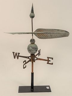 Quill Arrow Copper Weathervane on ball with directionals on metal stand.
height 34 inches, length 24 inches.
Provenance: From the Ma...