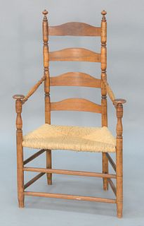 Ladder Back Great Chair with four slat back and mushroom arms on turned legs, ended out. 
height 45 1/2 inches, seat height 16 1/2 i...