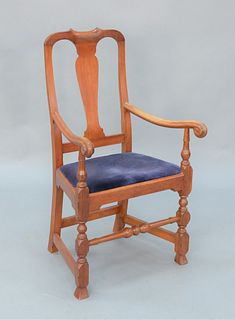 Queen Anne Cherry Great Chair, with upholstered slip seat on block and turned legs ending in Spanish feet.
height 42 inches, width 2...