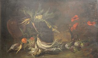 Flemish School Large Still Life of fruit, oil on canvas of vegetables and flowers with cauliflower, carrots, unsigned, (relined), 34...