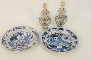 Four Piece Group to include Delft, pair of covered vases, 18th century, polychrome decorated with basket of flowers, brown, blue, gr...