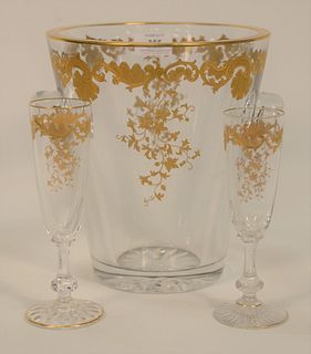Twenty-Eight Piece St. Louis Massenet Clear and Gold Encrusted Crystal group, to include twenty large champagne stemmed flutes, heig...