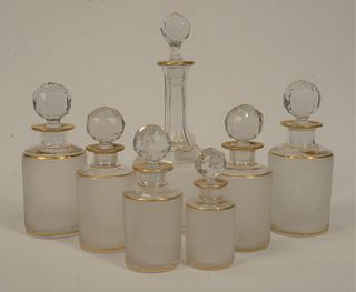 Seven Piece Set of St. Louis Glass, to include decanter, height 10 inches; two pairs of bottles along with two smaller bottles, all ...
