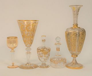 Twenty-six Piece Group of Assorted Glass to include set of six St. Louis Glass stems having air twist stem, gilt bands and gold tone...