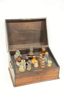 English Mahogany Medical Box, 19th century having slant lid top opening to fitted bottle holder over one drawer and brass handles.
h...