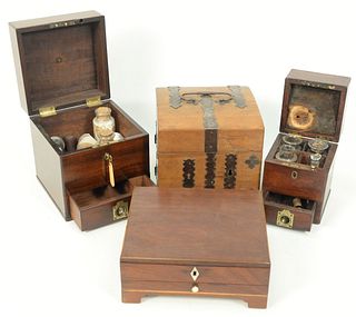 Group of Four Medical Apothecary Boxes, 19th century, one mahogany inlaid with one drawer, one opening to fitted interior with nine ...