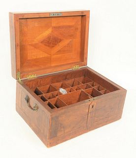 Medical Apothecary box, mahogany, inlaid exterior opening to fitted interior, 
height: 16 inches, top: 11" x 9".
Provenance: From th...