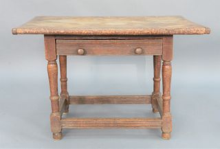 Tavern Table, having rectangular top over oak frame with drawer having molded front and molded skirt all set on turned maple and tig...
