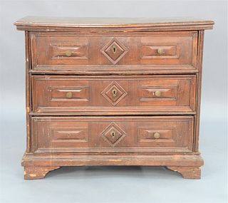 Jacobean Chest of Three Drawers, each drawer with applied geometric panels with molded surrounds all set on original bracket feet, w...