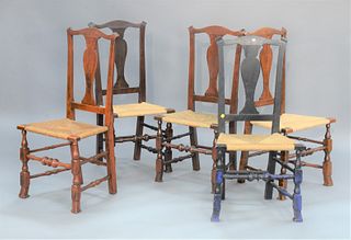 Five Queen Anne Chairs, assembled set of five with serpentine crest rails and spoon slats on block and turned legs and bold turned s...