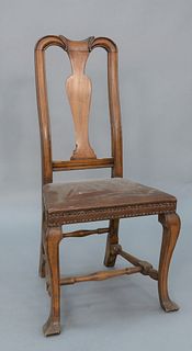 Maple Queen Anne Side Chair having leather seat set on cabriole legs ending in pad feet with black and turned stretchers.
seat heigh...