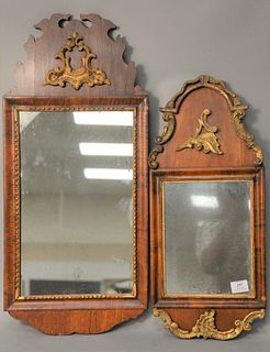 Two Small Queen Anne Mirrors, mahogany veneered frame with gilt ornament, one with original glass, circa 1750.
height 24 inches and ...