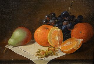 Attributed to Robert Spear Dunning (1829 - 1905), still life of fruit, oil on canvas, unsigned, marked R.S. Dunning on old paper lab...