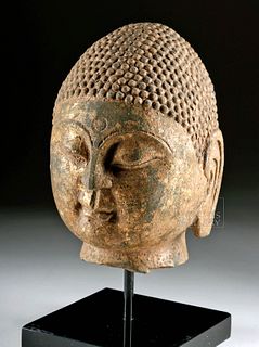 Chinese Qi Dynasty Gilded Stone Buddha Head