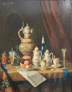 Moritz Mansfield (1850 - 1890), oil on board, still life with urn, porcelain tea, coffee, champagne on tablecloth and newspaper, sig...