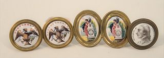 Five Battersea Mirror Knobs, pair of enameled memorials (minor cracks); pair of enameled eagles and one of Lafayette having brass ba...