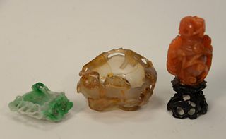 Three Chinese Hardstone Pieces, to include Chinese Jadeite ink pot with carved scrolling vines and dragon, length 2 inches; agate bo...