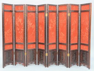Chinese Eight Panel Cinnabar Screen, each panel having three carved cinnabar panels depicting birds and trees, with bamboo carved su...