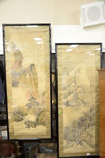 Pair of Chinese Scrolls, both watercolor on silk, mountainous landscape, signature and seal, 19th century or earlier.
sight size: 49...