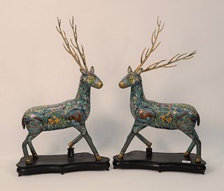 Pair of Large Cloisonne Figure of a Deer or Stag, each having detachable brass antlers mounted on cloisonne decorated body standing ...