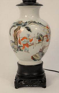 Chinese Porcelain Warrior Vase having hand-painted landscape with soldiers on horseback made into a lamp.
vase height: 10 1/2 inches...