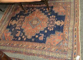 Caucasian Oriental Area Rug, (worn with hole). 
4' 6" x 6'.
Provenance: From the Lance & Irma Keller Collection, Bloomfield, Connect...