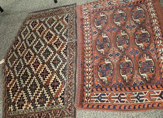Two Bokara Pieces to include one bagface, 2' 1" x 4' 6"; one throw rug, 2' 4" x 3' 4".