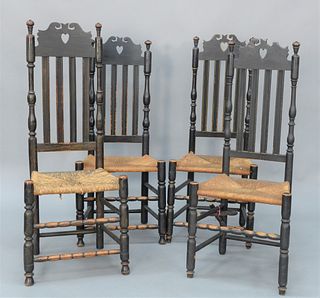 Assembeled Set of Four Bannister Back Side Chairs each having heart cut out and reeded slats. 
Provenance: The Vincent Family Collection, Fairfield, C