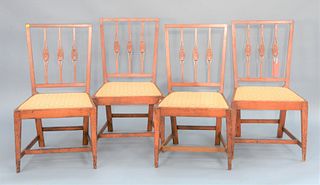 Set of Four Cherry Federal Style Side Chairs having square molded backs with three vertical oval carved slats over square seats set ...