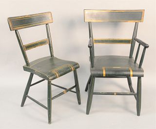 Plank Seat Chairs, set of eight to include two side and six arm all with green paint having gold highlights.
height 32 1/2 inches, s...